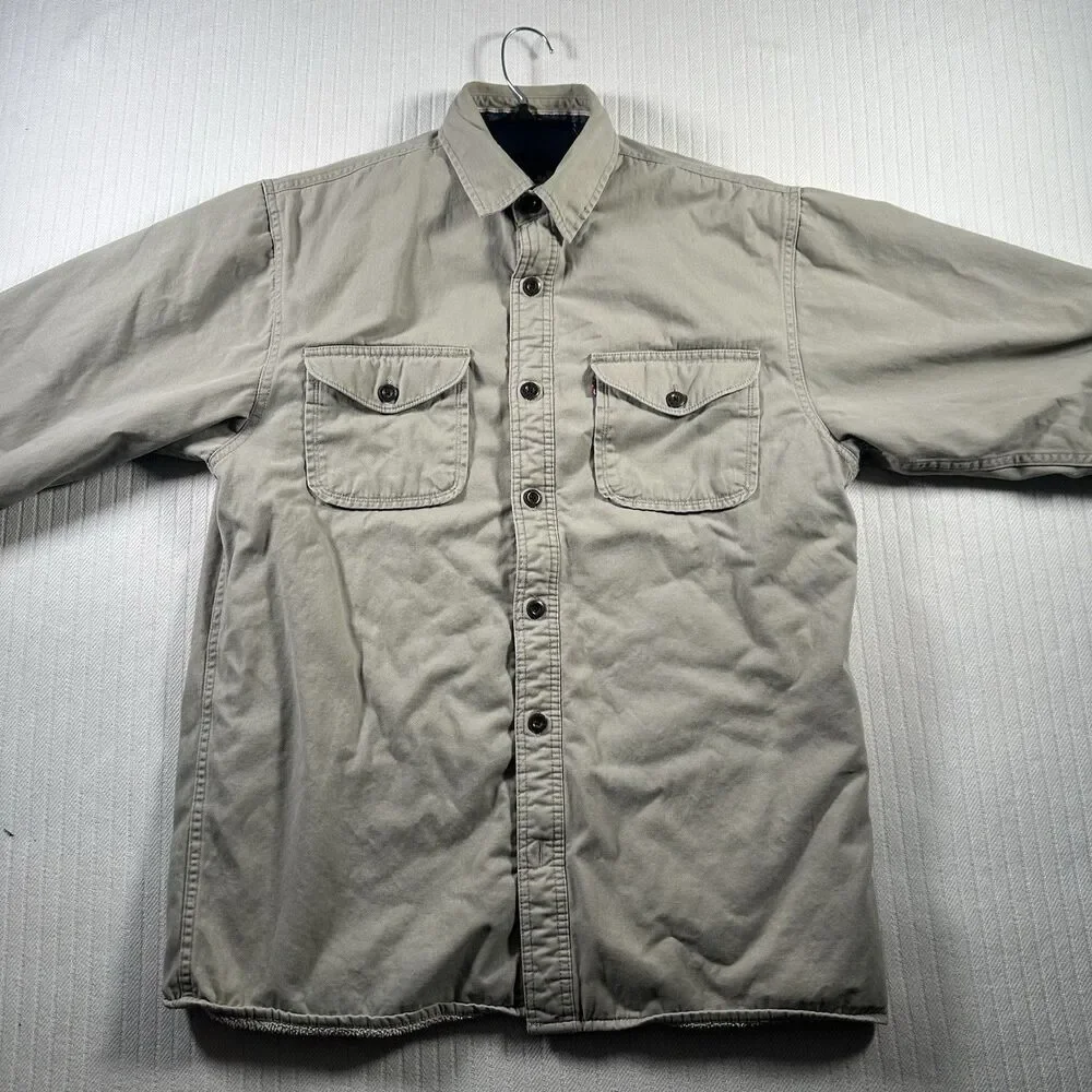 Vintage Levis Sherpa Fleece Lined Button Up Shirt Jacket Shacket Mens M Tan